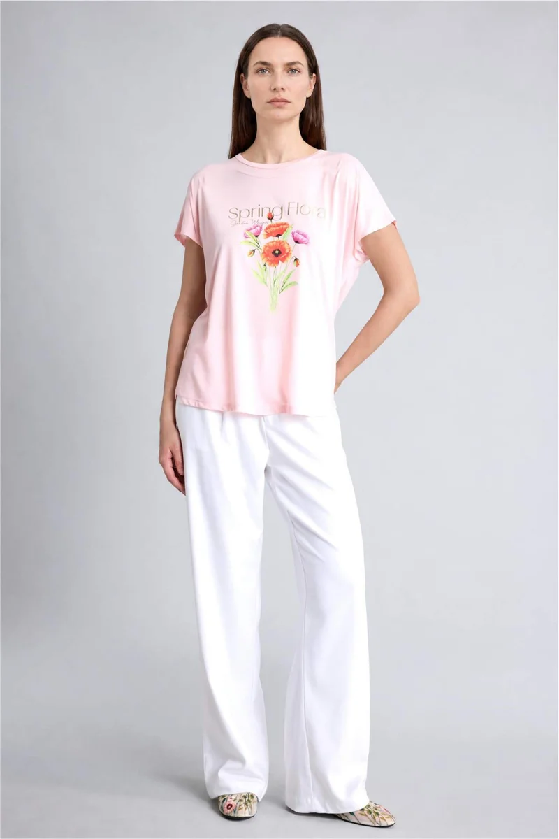 Defacto Crew Neck Flower Short Sleeve T-Shirt