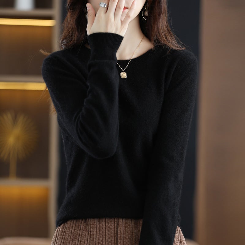 Woolen sweater womens solid color round neck 23 new long sleeve seamless knitted first-line garment wool sweater undershirt Black