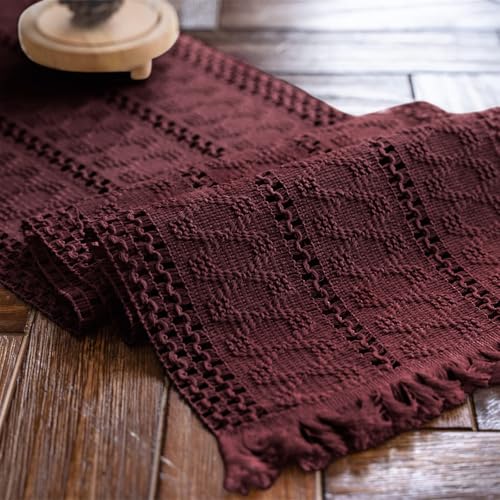 Alynsehom Macrame Table Runner Burgundy Boho Table Runners with Tassels Hand Woven Cotton Table Runner Rustic Farmhouse Table Runners for Bohemian Kitchen Dining Table12x48in