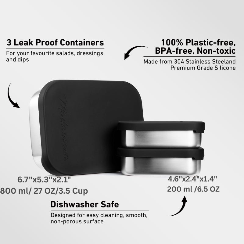 Modaniam 27 OZ Leak proof Stainless Steel Lunch Box containers, Stainless Steel Lunch Containers, Bento box, Metal Lunch Containers, Snacks container, Black, Small - 27 Oz+ 2 * 6.5Oz - Image 4