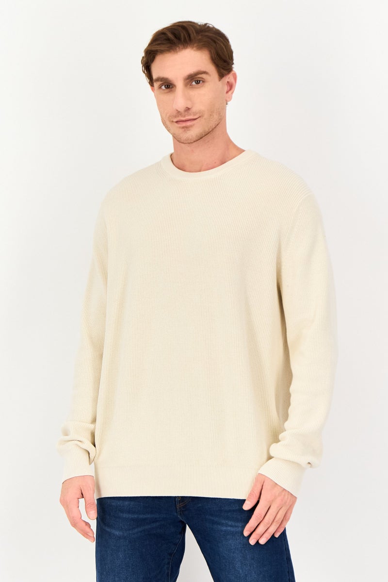 Celio Men Crew Neck Long Sleeve Crochet Sweater, Cream - Image 1