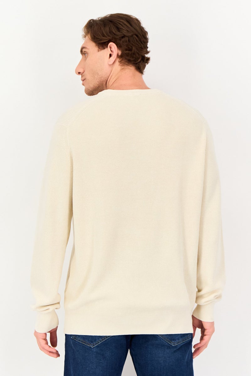 Celio Men Crew Neck Long Sleeve Crochet Sweater, Cream - Image 2