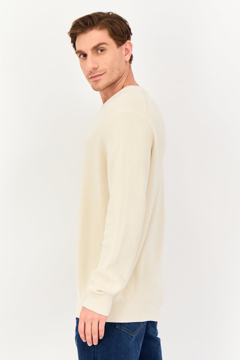 Celio Men Crew Neck Long Sleeve Crochet Sweater, Cream - Image 3