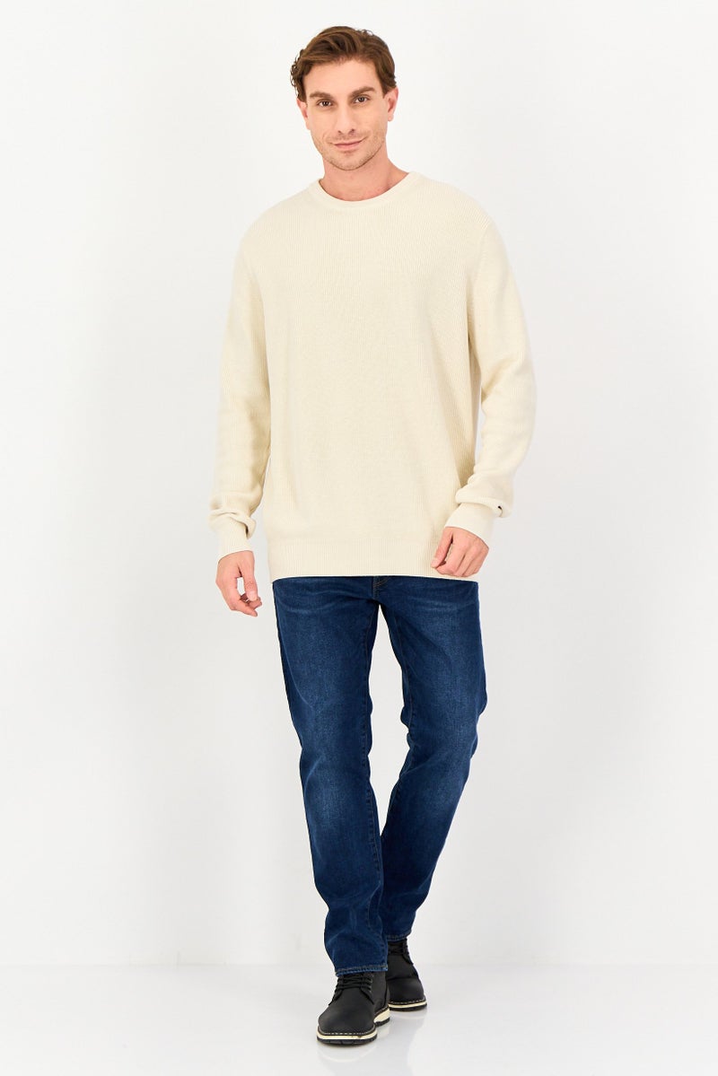 Celio Men Crew Neck Long Sleeve Crochet Sweater, Cream - Image 4