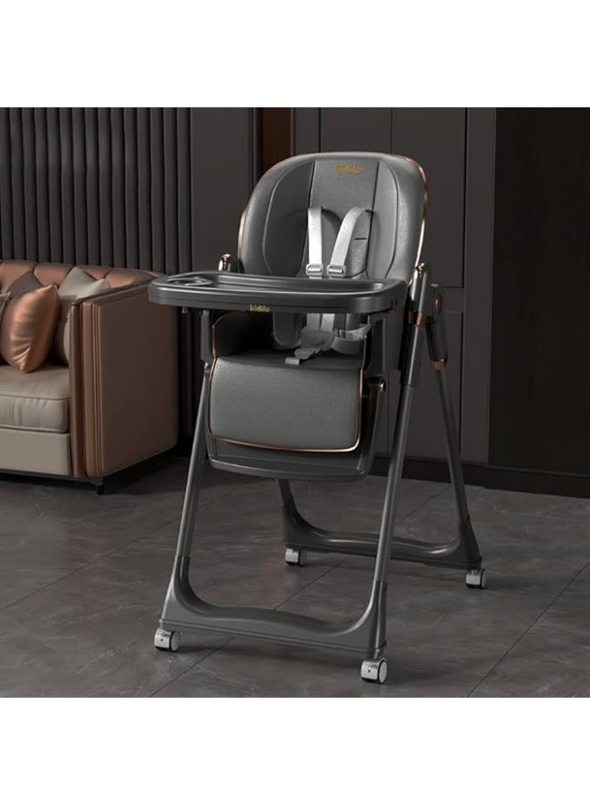 KIDLIO Kidilo High Chair for Kids Cookable,3 Levels of Lying Down,7 Levels of Height,Equipped with Double Tray,Easy to Clean Leather,Movable and Fixed Wheels,8122 (black) - Image 1