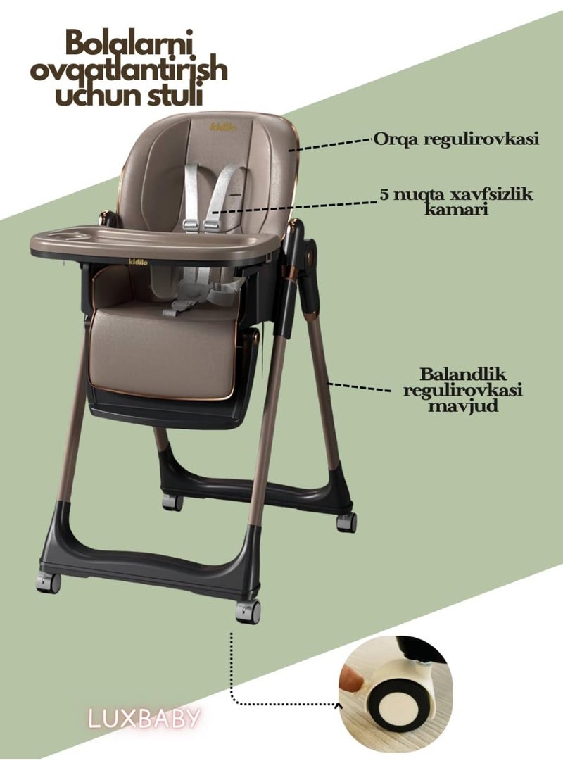 KIDLIO Kidilo High Chair for Kids Cookable,3 Levels of Lying Down,7 Levels of Height,Equipped with Double Tray,Easy to Clean Leather,Movable and Fixed Wheels,8122 (black) - Image 4