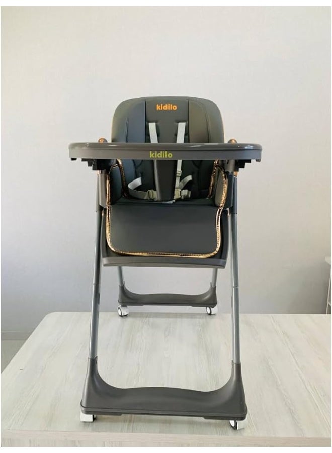 KIDLIO Kidilo High Chair for Kids Cookable,3 Levels of Lying Down,7 Levels of Height,Equipped with Double Tray,Easy to Clean Leather,Movable and Fixed Wheels,8122 (black) - Image 5