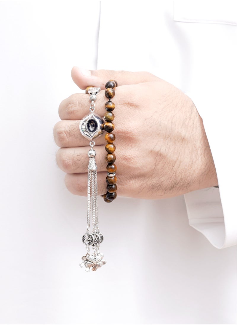 Subhati Prayer Beads ( Misbah ) with metal Parts and Tiger Eye Stone | 8 MM Beads - 45 Pcs  - Image 1