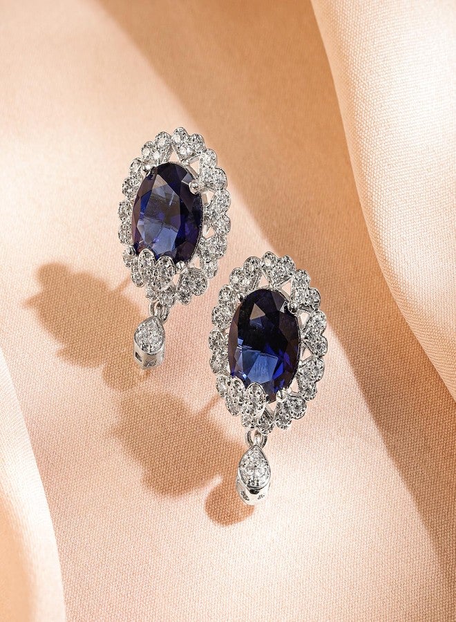 Rubans Rhodium-Plated Blue Sapphire & White Cubic Zirconia Studded Oval Statement Earrings with Drop Detailing for Women & Girls - Perfect for Evening Parties, Festive Looks & Elegant Occasions - Image 5