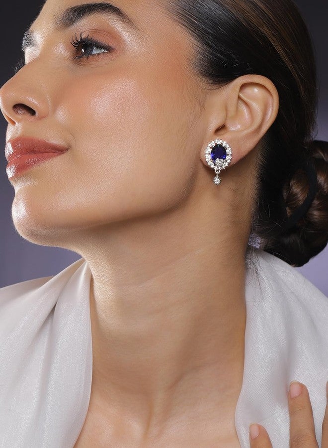 Rubans Rhodium-Plated Blue Sapphire & White Cubic Zirconia Studded Oval Statement Earrings with Drop Detailing for Women & Girls - Perfect for Evening Parties, Festive Looks & Elegant Occasions - Image 3