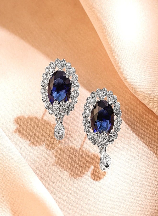 Rubans Rhodium-Plated Blue Sapphire & White Cubic Zirconia Studded Oval Statement Earrings with Drop Detailing for Women & Girls - Perfect for Evening Parties, Festive Looks & Elegant Occasions - Image 4