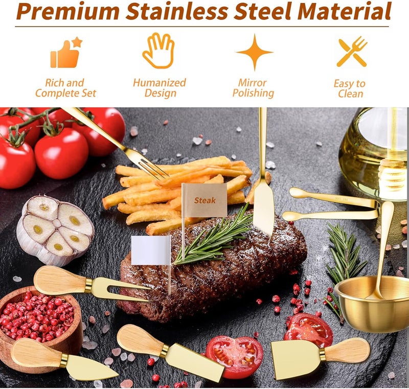 MDSPLPIY 48 Pcs Charcuterie Boards Accessories Butter Spreader Knives Set Stainless Steel Cheese Mini Serving Tongs Spoons Forks Dipping Bowls Toothpick Flags Utensils for Pastry Making Wedding Christmas(Gold) - Image 2