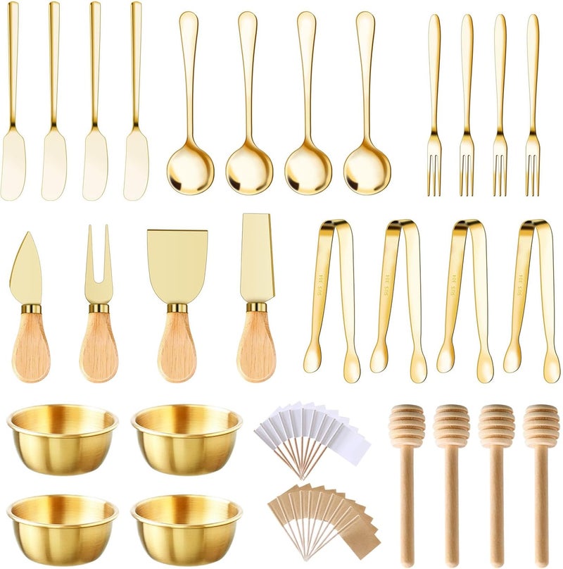 MDSPLPIY 48 Pcs Charcuterie Boards Accessories Butter Spreader Knives Set Stainless Steel Cheese Mini Serving Tongs Spoons Forks Dipping Bowls Toothpick Flags Utensils for Pastry Making Wedding Christmas(Gold) - Image 1