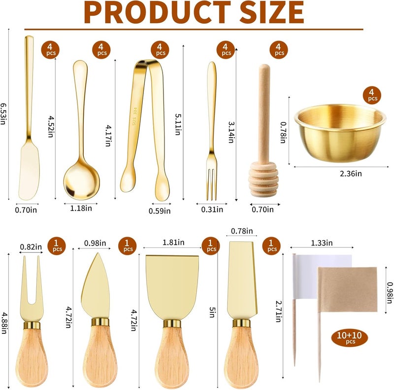 MDSPLPIY 48 Pcs Charcuterie Boards Accessories Butter Spreader Knives Set Stainless Steel Cheese Mini Serving Tongs Spoons Forks Dipping Bowls Toothpick Flags Utensils for Pastry Making Wedding Christmas(Gold) - Image 4