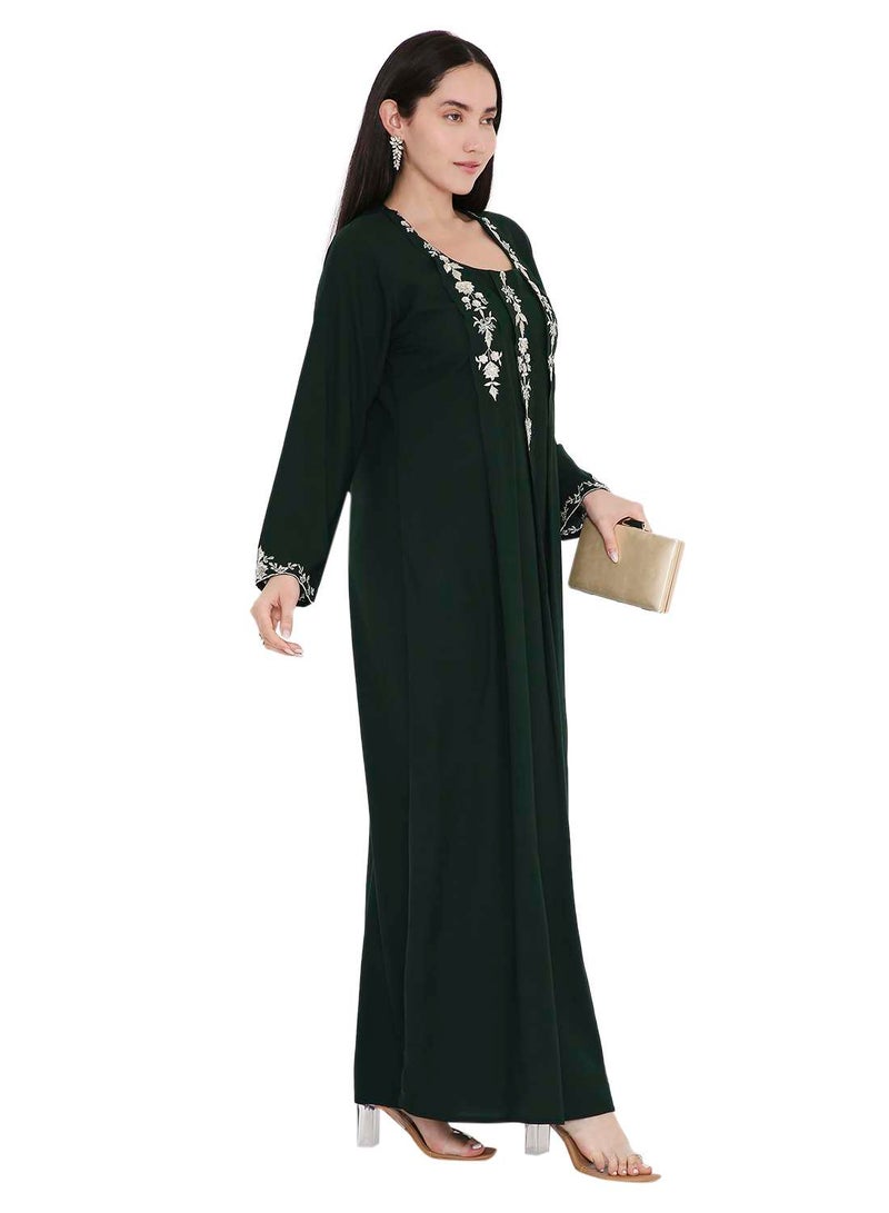 HANA & SARA VIBRANT COLOUR UNIQUE THREAD EMBROIDERY MODEST ARABIC FARASHA  JALABIYA DRESS - Image 1