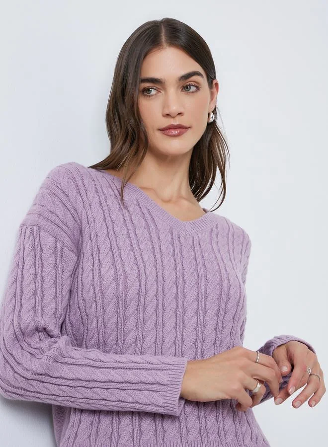 Styli Purple V Neck Cable Knit Sweater
