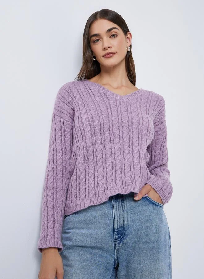 Styli Purple V Neck Cable Knit Sweater