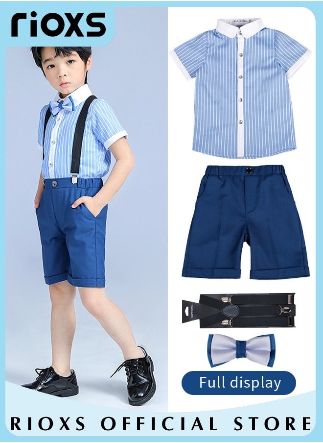RIOXS Boys 4 Pcs Suits Set,Short Sleeves Shirt,Bowtie,Pants And Suspender,Formal Dresswear Gentleman Set For Kids Boys,Ceremony Clothing Set For Party Wedding Performance And Formal Occasions  - Image 3