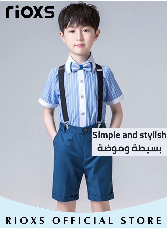 RIOXS Boys 4 Pcs Suits Set,Short Sleeves Shirt,Bowtie,Pants And Suspender,Formal Dresswear Gentleman Set For Kids Boys,Ceremony Clothing Set For Party Wedding Performance And Formal Occasions  - Image 2