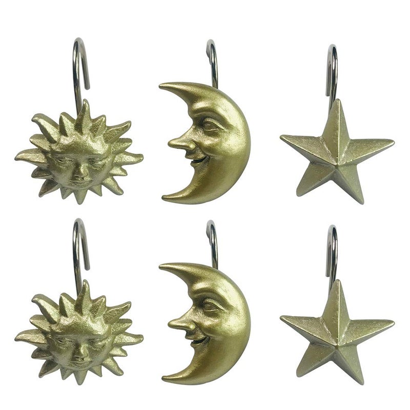 Twofishes Home Fashion Gold Sun Moon Star Shower Curtain Hooks S/12 Decorative Home Sun Moon Star Bathroom Vintage Style Shower Hooks Set of 12 Gold Shower Curtain Hooks Rings - Image 2