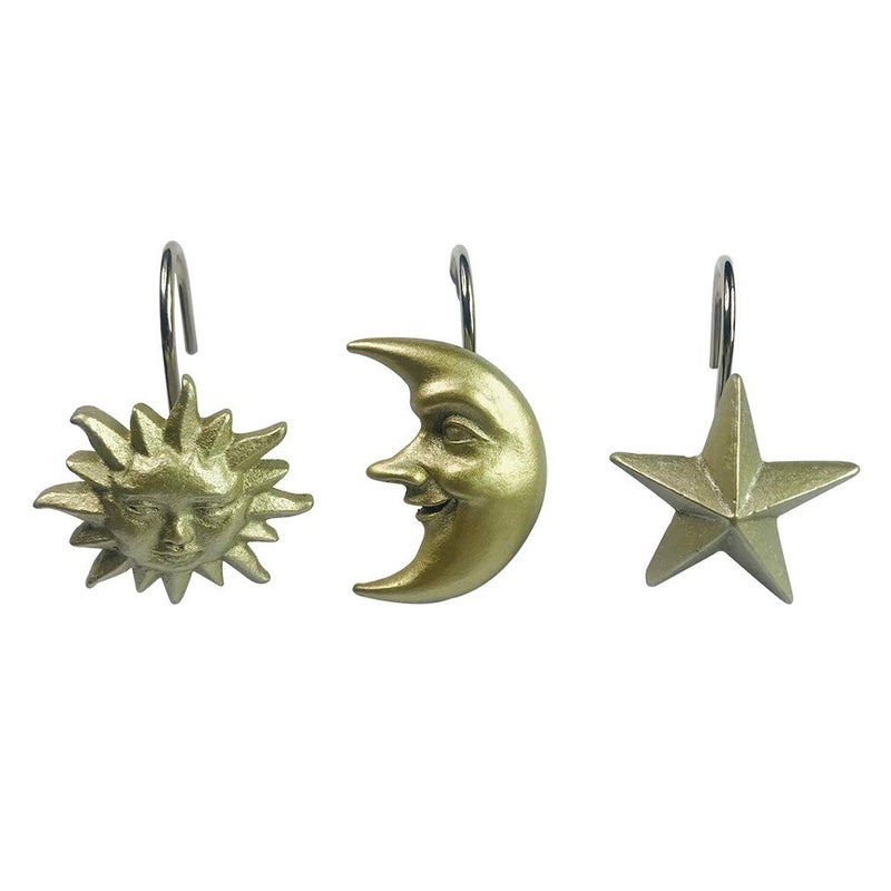Twofishes Home Fashion Gold Sun Moon Star Shower Curtain Hooks S/12 Decorative Home Sun Moon Star Bathroom Vintage Style Shower Hooks Set of 12 Gold Shower Curtain Hooks Rings - Image 5