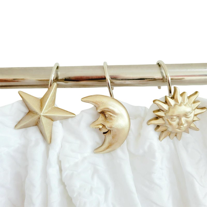 Twofishes Home Fashion Gold Sun Moon Star Shower Curtain Hooks S/12 Decorative Home Sun Moon Star Bathroom Vintage Style Shower Hooks Set of 12 Gold Shower Curtain Hooks Rings - Image 1