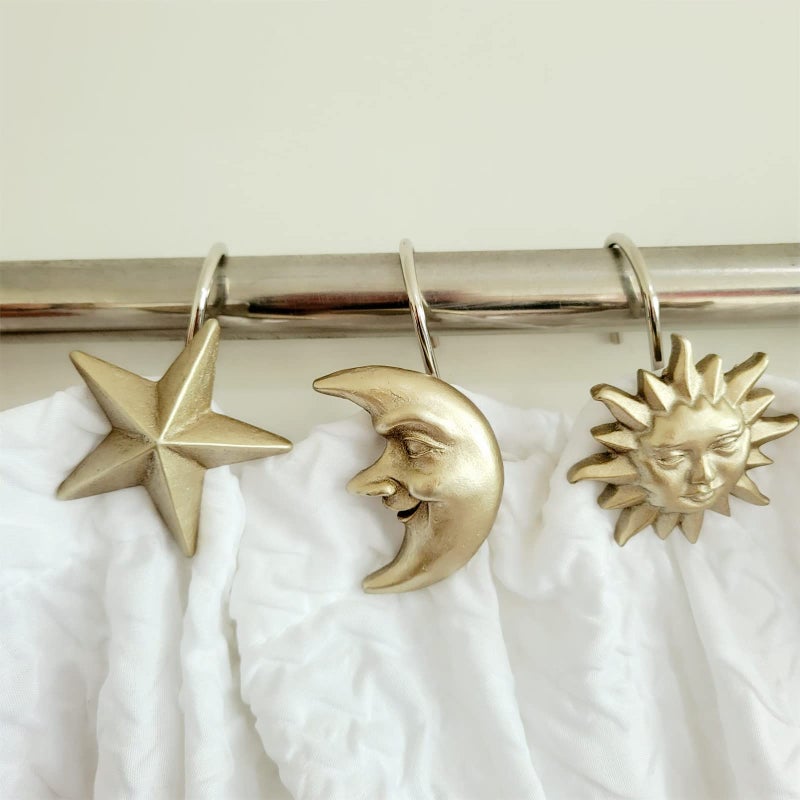 Twofishes Home Fashion Gold Sun Moon Star Shower Curtain Hooks S/12 Decorative Home Sun Moon Star Bathroom Vintage Style Shower Hooks Set of 12 Gold Shower Curtain Hooks Rings - Image 3