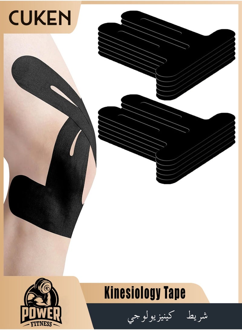 Cuken 10 Pcs PreCut Kinesiology Tape for Knees, Extra Adhesive Knee Tape for Knee Pain Relief Pre Cut, Anatomical for Maximum Hold, Waterproof&Hypoallergenic Cotton Latex-Free for Sports (Black) - Image 1