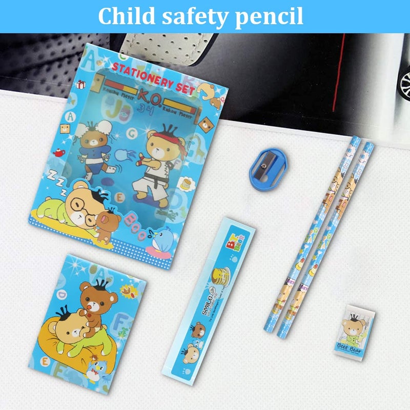 HASTHIP HASTHIP 6PCS Pencil Set for Girls Pencil for Kids Girls Stationary Set for Girls Include 2 Pencils 1 Pencil Sharpener 1 Notebook 1 Cartoon Ruler 1 Eraser Blue  - Image 3