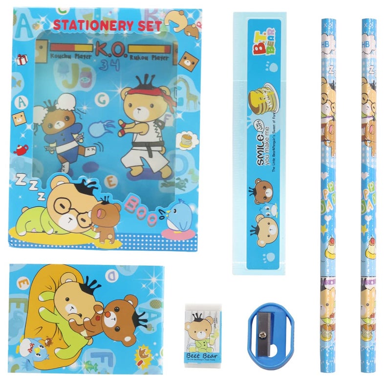 HASTHIP HASTHIP 6PCS Pencil Set for Girls Pencil for Kids Girls Stationary Set for Girls Include 2 Pencils 1 Pencil Sharpener 1 Notebook 1 Cartoon Ruler 1 Eraser Blue  - Image 1