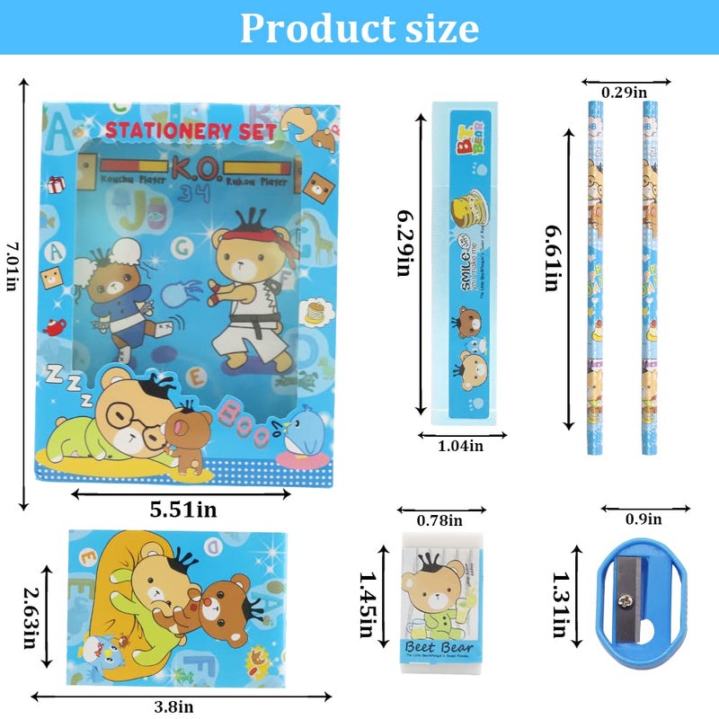 HASTHIP HASTHIP 6PCS Pencil Set for Girls Pencil for Kids Girls Stationary Set for Girls Include 2 Pencils 1 Pencil Sharpener 1 Notebook 1 Cartoon Ruler 1 Eraser Blue  - Image 2