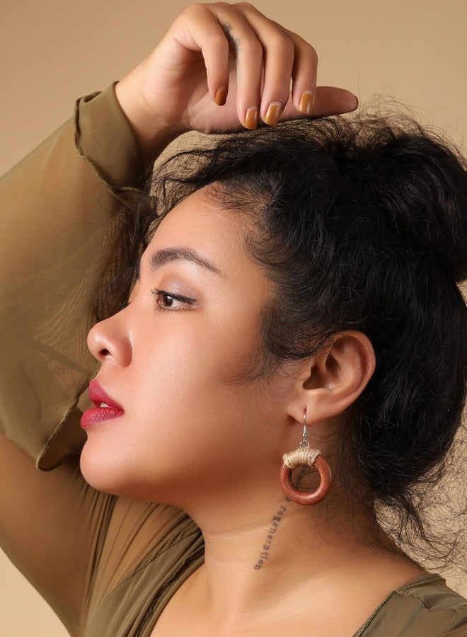 MINACHI Hippie Chunky Wooden Hoop Earrings with Jute Wrap, Boho Handmade Circle Danglers For Women - Image 3