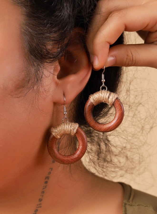 MINACHI Hippie Chunky Wooden Hoop Earrings with Jute Wrap, Boho Handmade Circle Danglers For Women - Image 2