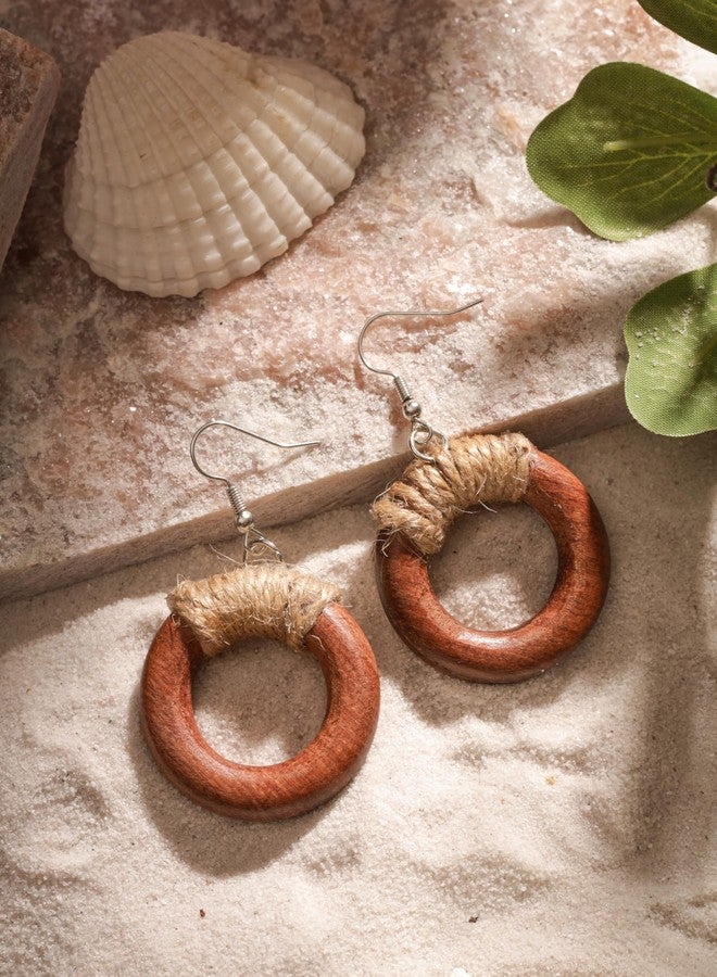 MINACHI Hippie Chunky Wooden Hoop Earrings with Jute Wrap, Boho Handmade Circle Danglers For Women - Image 5