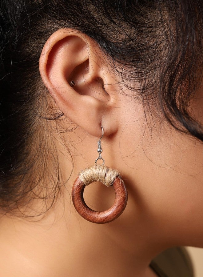 MINACHI Hippie Chunky Wooden Hoop Earrings with Jute Wrap, Boho Handmade Circle Danglers For Women - Image 4