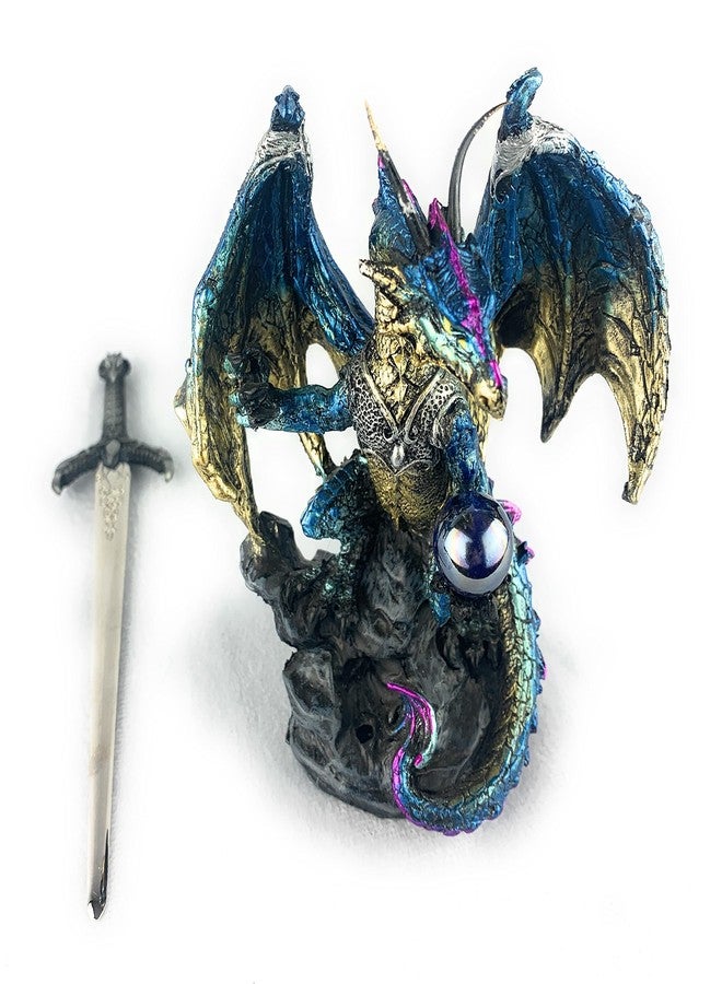 Ain't it Nice Ain’t It Nice Dragon Statue with Medieval Dragon Sword and Crystal Ball Collectible Dragon Figurine Fantasy Medieval Dragon Décor, Blue & Gold Colored 4(L) 2(W) 7(H) inches - Image 4