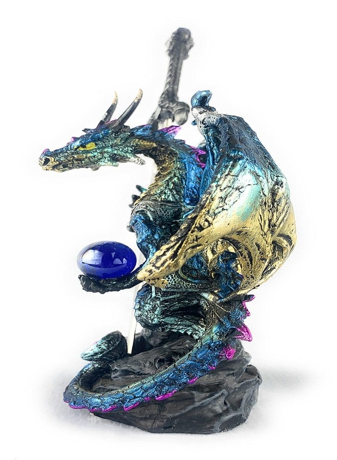 Ain't it Nice Ain’t It Nice Dragon Statue with Medieval Dragon Sword and Crystal Ball Collectible Dragon Figurine Fantasy Medieval Dragon Décor, Blue & Gold Colored 4(L) 2(W) 7(H) inches - Image 3
