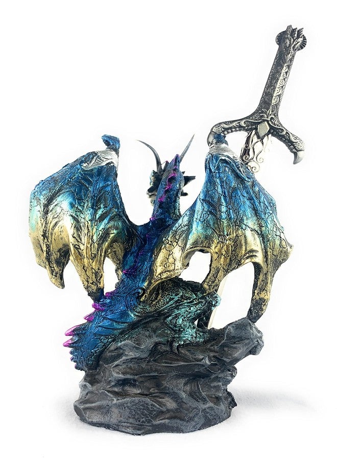 Ain't it Nice Ain’t It Nice Dragon Statue with Medieval Dragon Sword and Crystal Ball Collectible Dragon Figurine Fantasy Medieval Dragon Décor, Blue & Gold Colored 4(L) 2(W) 7(H) inches - Image 2