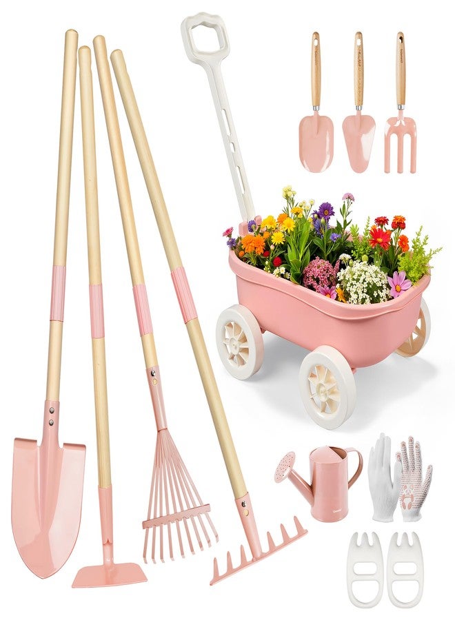 Grenebo Kids Gardening Set with Wheelbarrow, 11-Piece Outdoor Yard, Beach, STEM Garden Play Kit with Child-Sized Tools, Durable, Safe & Fun Gift Toy for Ages 2+ Kids Toddlers Boys Girls (Pink) - Image 1