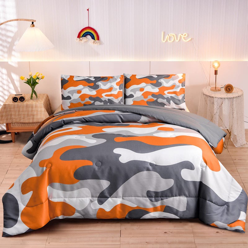 Meeting Story Kids Camo Bedding Set Army Camouflage Bedding Twin Comforter Set for Boys Girls Teens Bedroom Decoration 3Pcs Orange Full