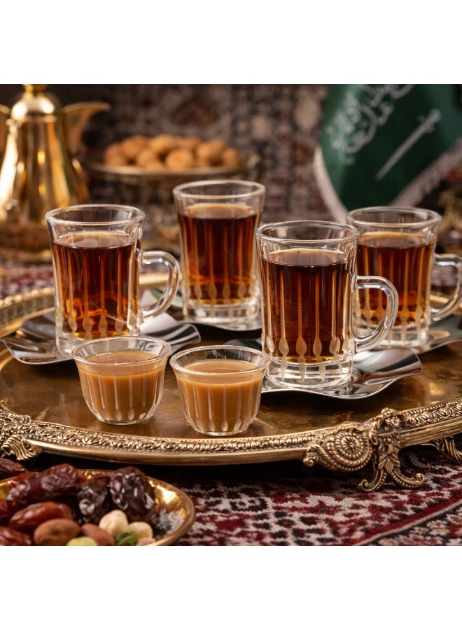 بايبلوس ✨☕ طقم فناجين شاي وقهوة زجاج فاخر مع صحون ستانلس ستيل – 18 قطعة | تصميم أنيق لضيافة راقية ✨ - Image 1