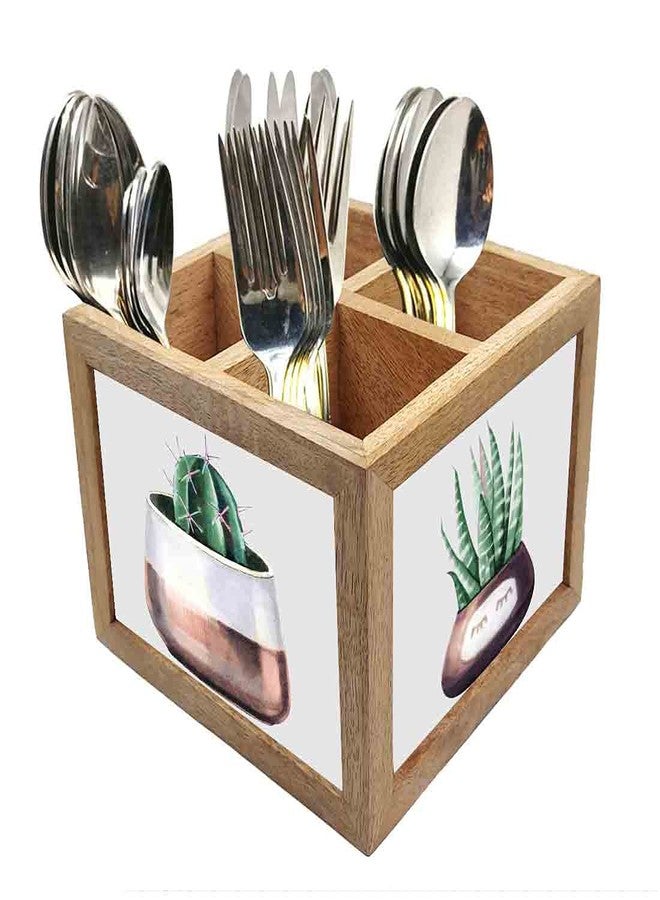 Nutcase Wooden Cutlery Stand Holder Silverware Caddy Spoons Forks Knives Organizer for Dining Table & Kitchen -Made in India-Spoons NOT Included - Cactus Pot - Image 1