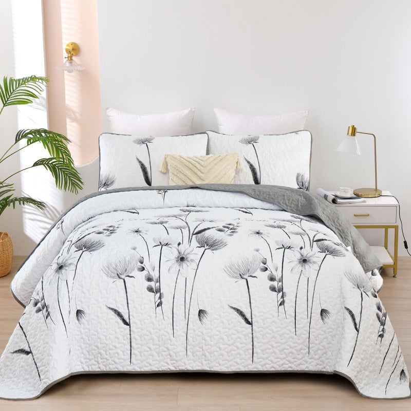 Dinjoy Floral Quilt Set Queen Size,Grey White Bedspread Coverlet Botanical 3 Pieces Fall Quilts Microfiber Lightweight Flower Bedspreads Soft Reversible Farmhouse Bed Cover for All Season(96"x90") - Image 1