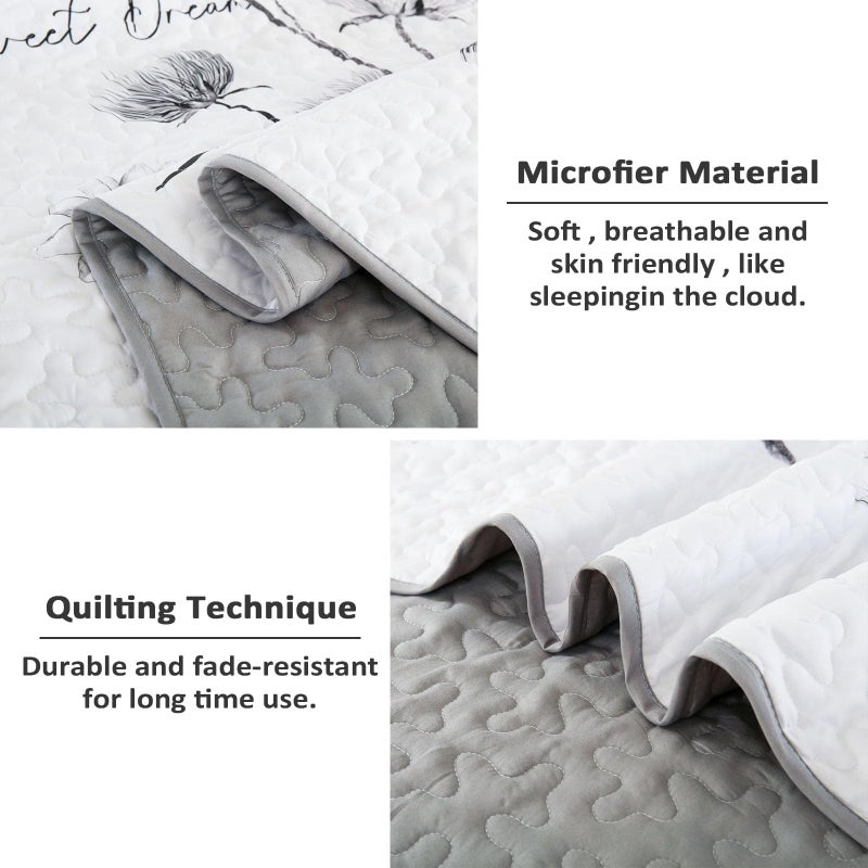 Dinjoy Floral Quilt Set Queen Size,Grey White Bedspread Coverlet Botanical 3 Pieces Fall Quilts Microfiber Lightweight Flower Bedspreads Soft Reversible Farmhouse Bed Cover for All Season(96"x90") - Image 4
