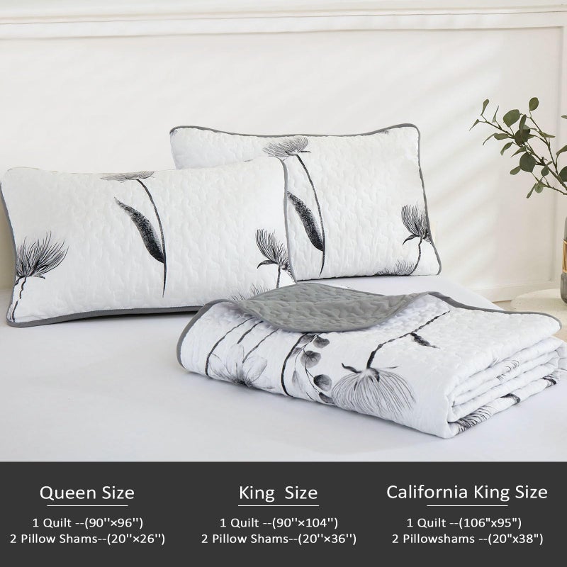 Dinjoy Floral Quilt Set Queen Size,Grey White Bedspread Coverlet Botanical 3 Pieces Fall Quilts Microfiber Lightweight Flower Bedspreads Soft Reversible Farmhouse Bed Cover for All Season(96"x90") - Image 5