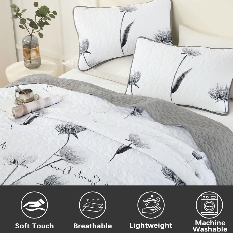 Dinjoy Floral Quilt Set Queen Size,Grey White Bedspread Coverlet Botanical 3 Pieces Fall Quilts Microfiber Lightweight Flower Bedspreads Soft Reversible Farmhouse Bed Cover for All Season(96"x90") - Image 3