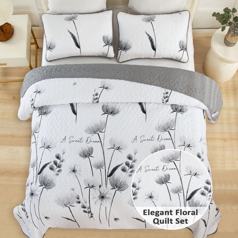 Dinjoy Floral Quilt Set Queen Size,Grey White Bedspread Coverlet Botanical 3 Pieces Fall Quilts Microfiber Lightweight Flower Bedspreads Soft Reversible Farmhouse Bed Cover for All Season(96"x90") - Image 2