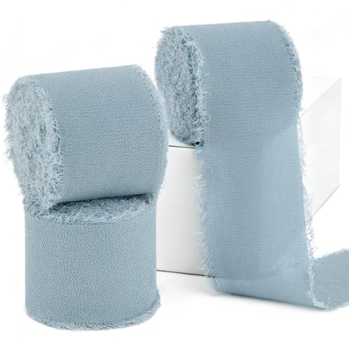 CLUEWR Dusty Blue Chiffon Ribbon 1.5" x 21 Yd Handmade Fringe Silk Chiffon Fabric Ribbon for Gift Wrapping Wedding Invitation Bridal Flower Bouquet DIY Crafts Home Decor - Image 1