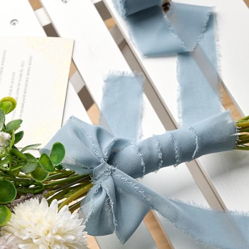 CLUEWR Dusty Blue Chiffon Ribbon 1.5" x 21 Yd Handmade Fringe Silk Chiffon Fabric Ribbon for Gift Wrapping Wedding Invitation Bridal Flower Bouquet DIY Crafts Home Decor - Image 5