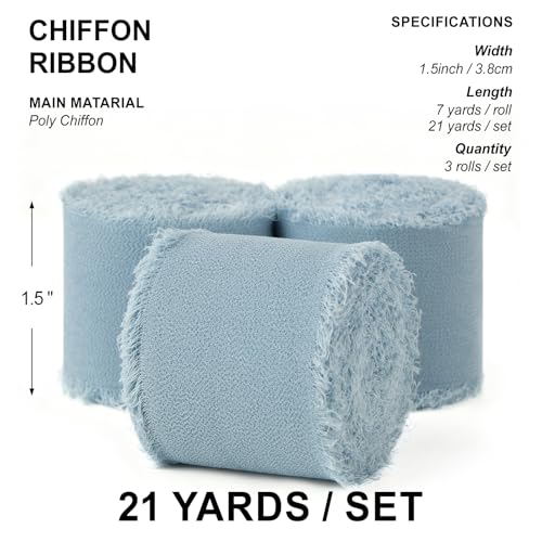 CLUEWR Dusty Blue Chiffon Ribbon 1.5" x 21 Yd Handmade Fringe Silk Chiffon Fabric Ribbon for Gift Wrapping Wedding Invitation Bridal Flower Bouquet DIY Crafts Home Decor - Image 2